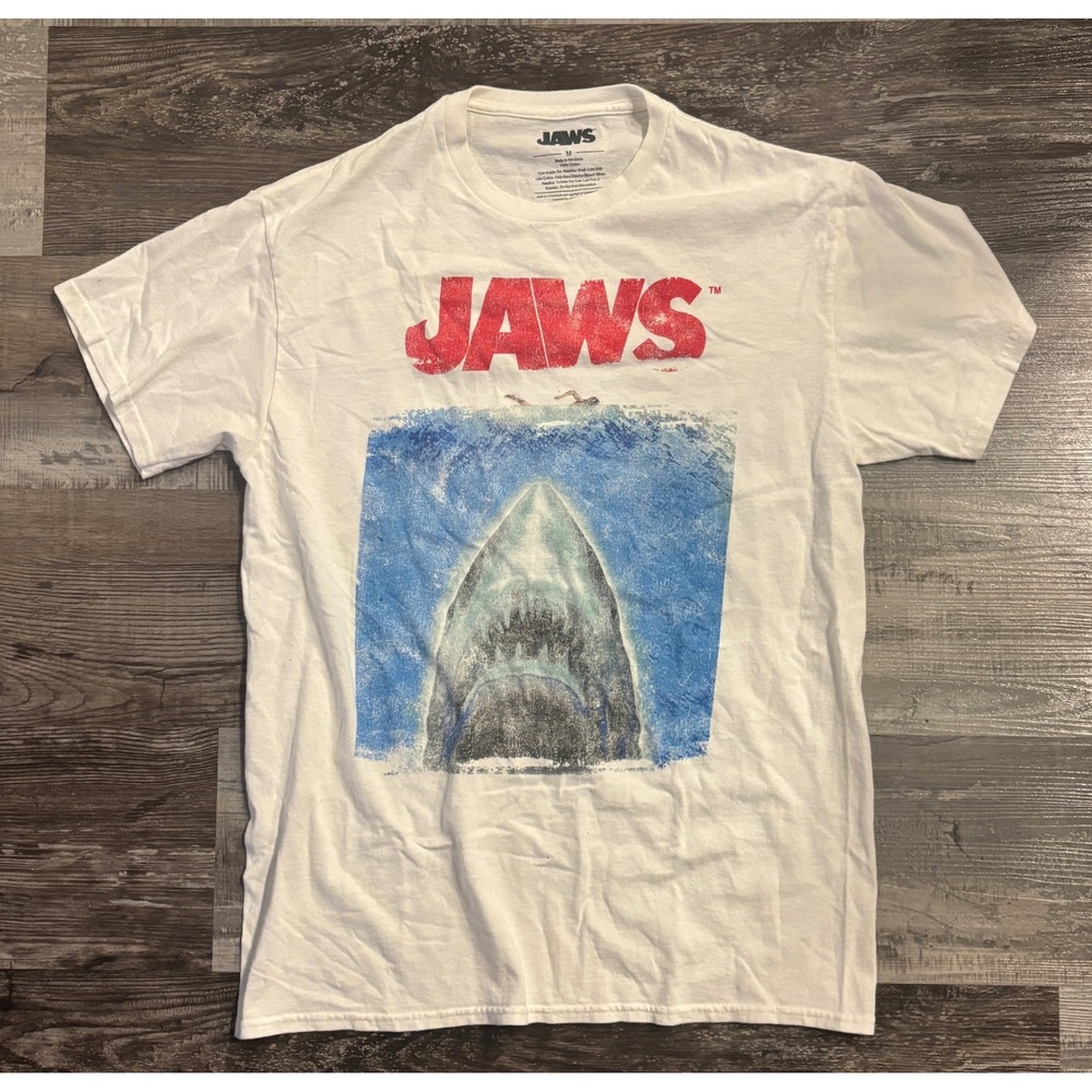 Jaws Movie Graphic T-Shirt Mens Medium White Short Sleeve Shark Poster Film Tee